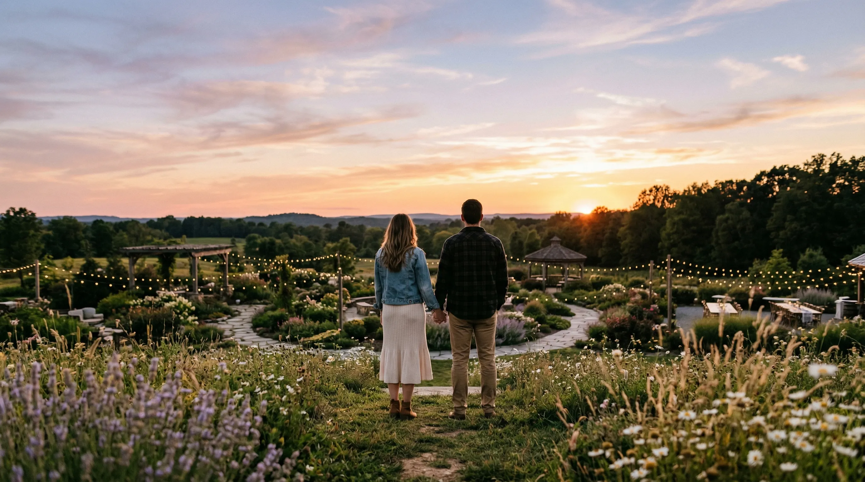 A couple holding hands at sunset, looking out over a garden venue with string lights glowing in the distance