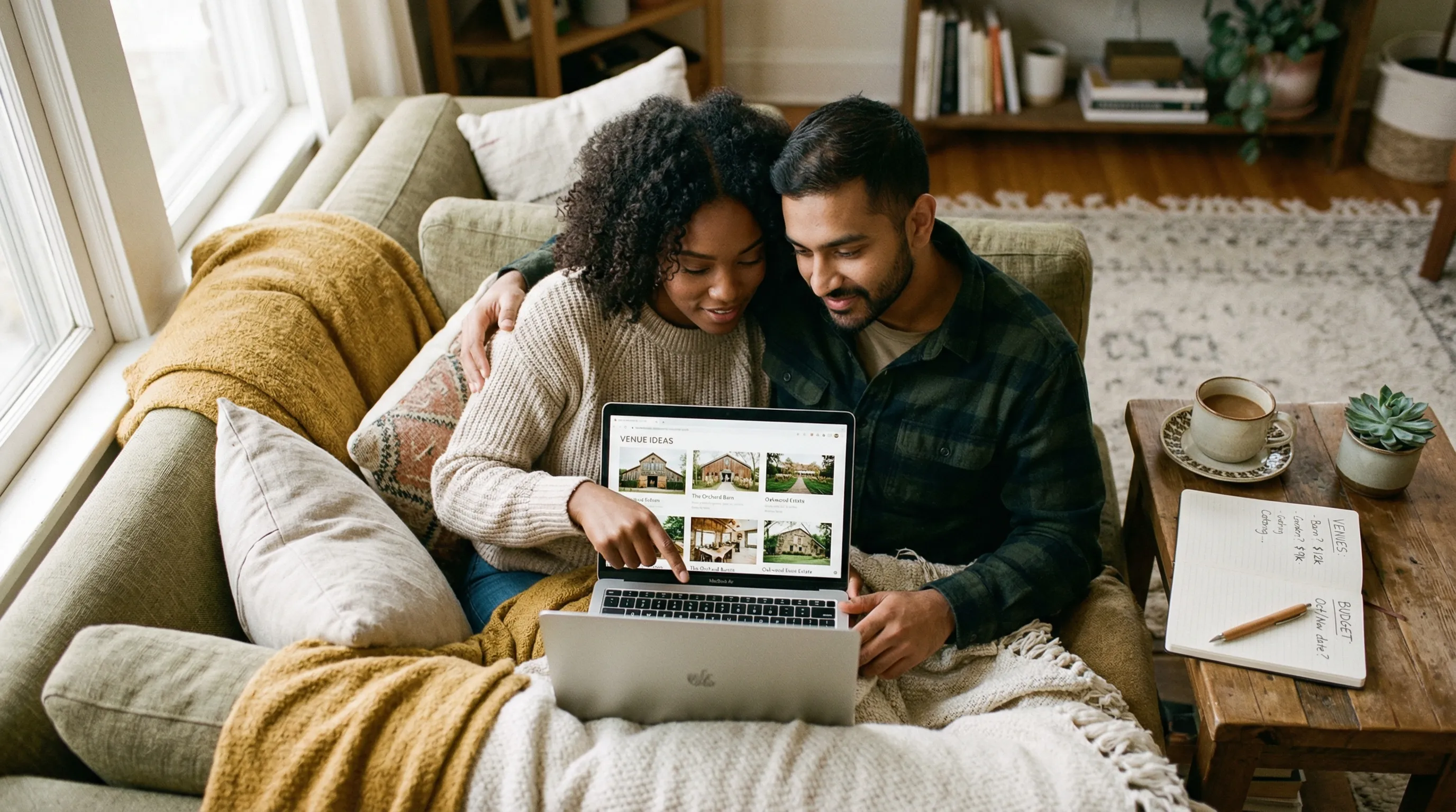 A couple on the couch browsing venue options on a laptop, with a notebook labeled "Budget" on the coffee table beside them