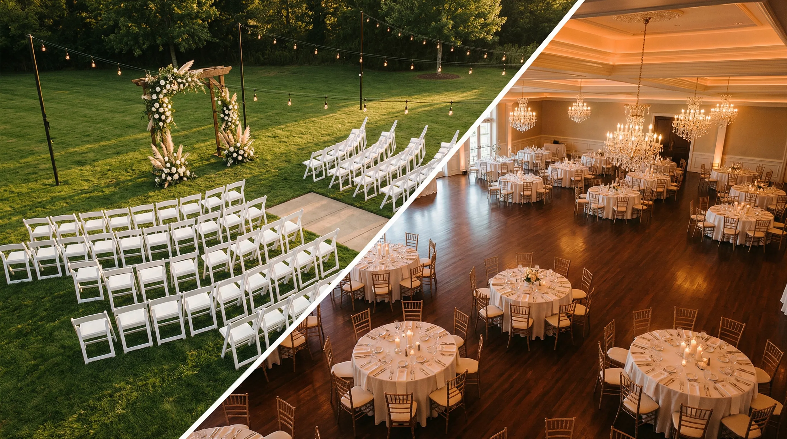 Split view comparing an outdoor garden ceremony with white folding chairs and floral arch to an elegant indoor ballroom reception with chandeliers and round tables