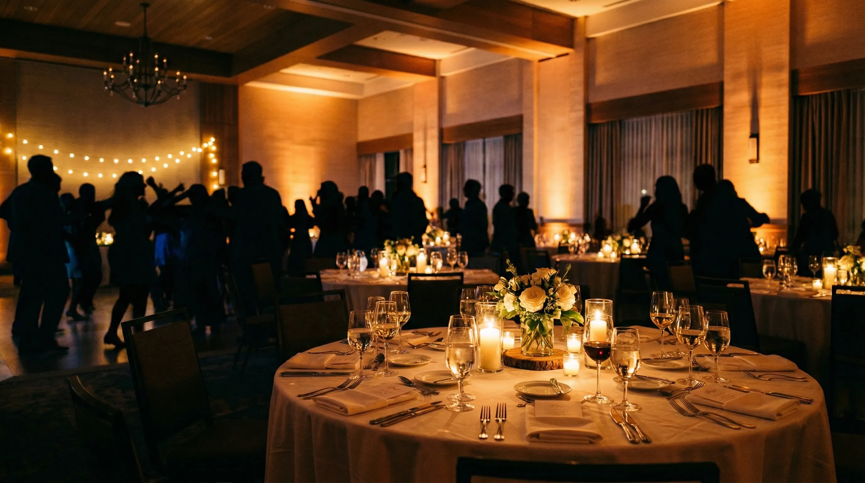Warm candlelit indoor reception — elegant table setting in the foreground with guests dancing in the background under golden ambient lighting