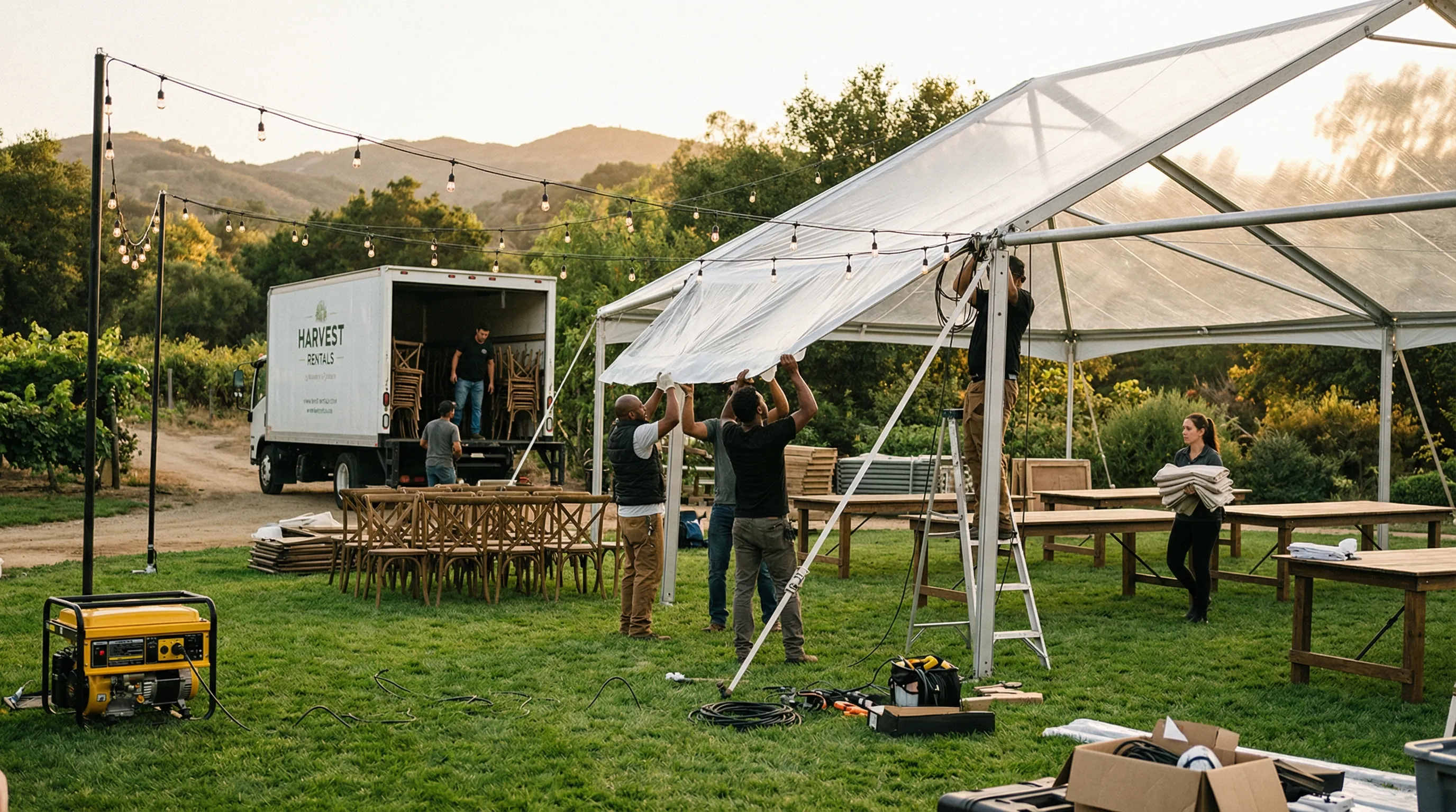 Behind the scenes of an outdoor wedding setup — workers assembling a tent, unloading chairs from a truck, cables running across grass, a generator on the ground